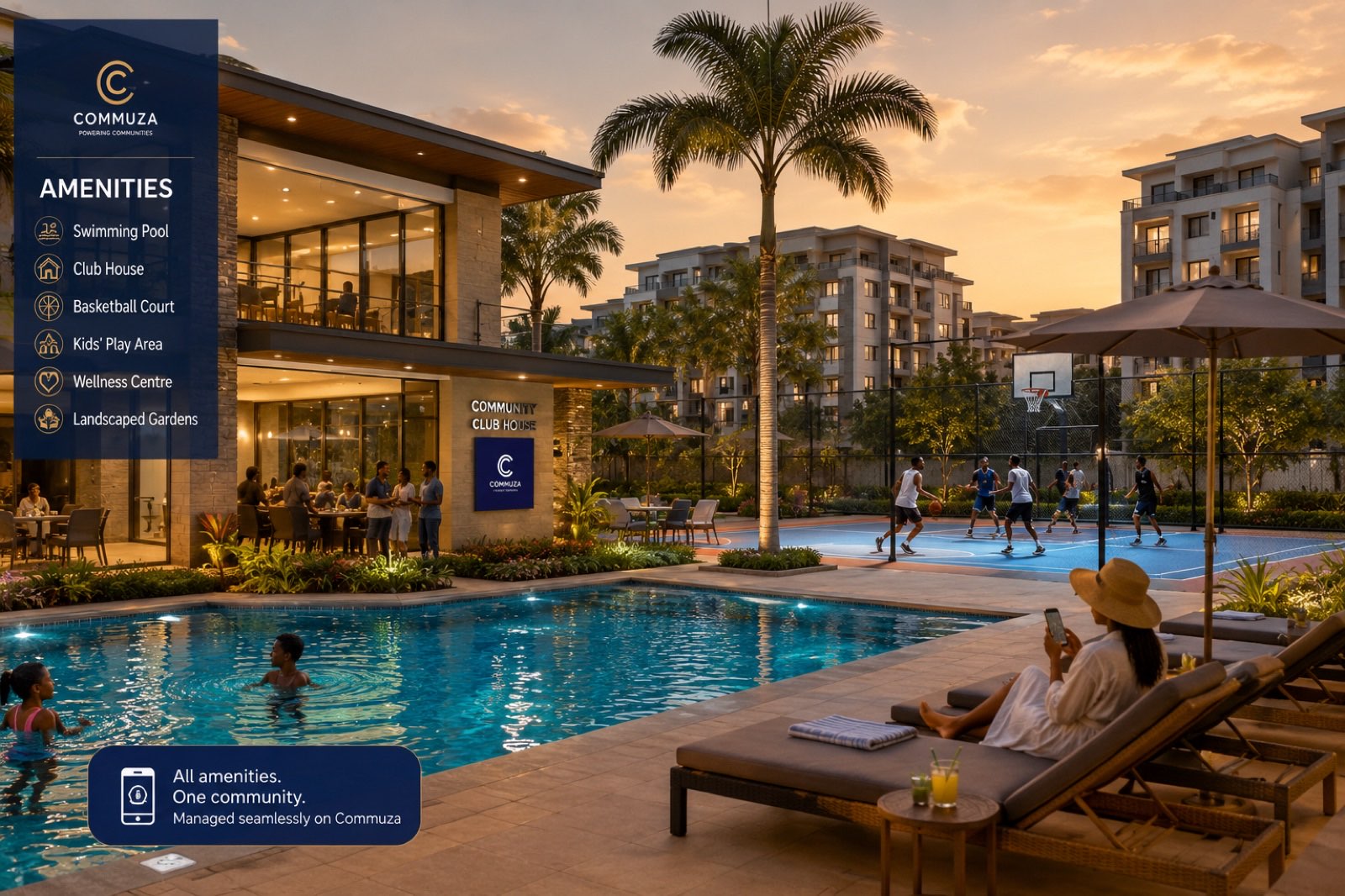 A managed community with pool, clubhouse and amenities β all run on Commuza