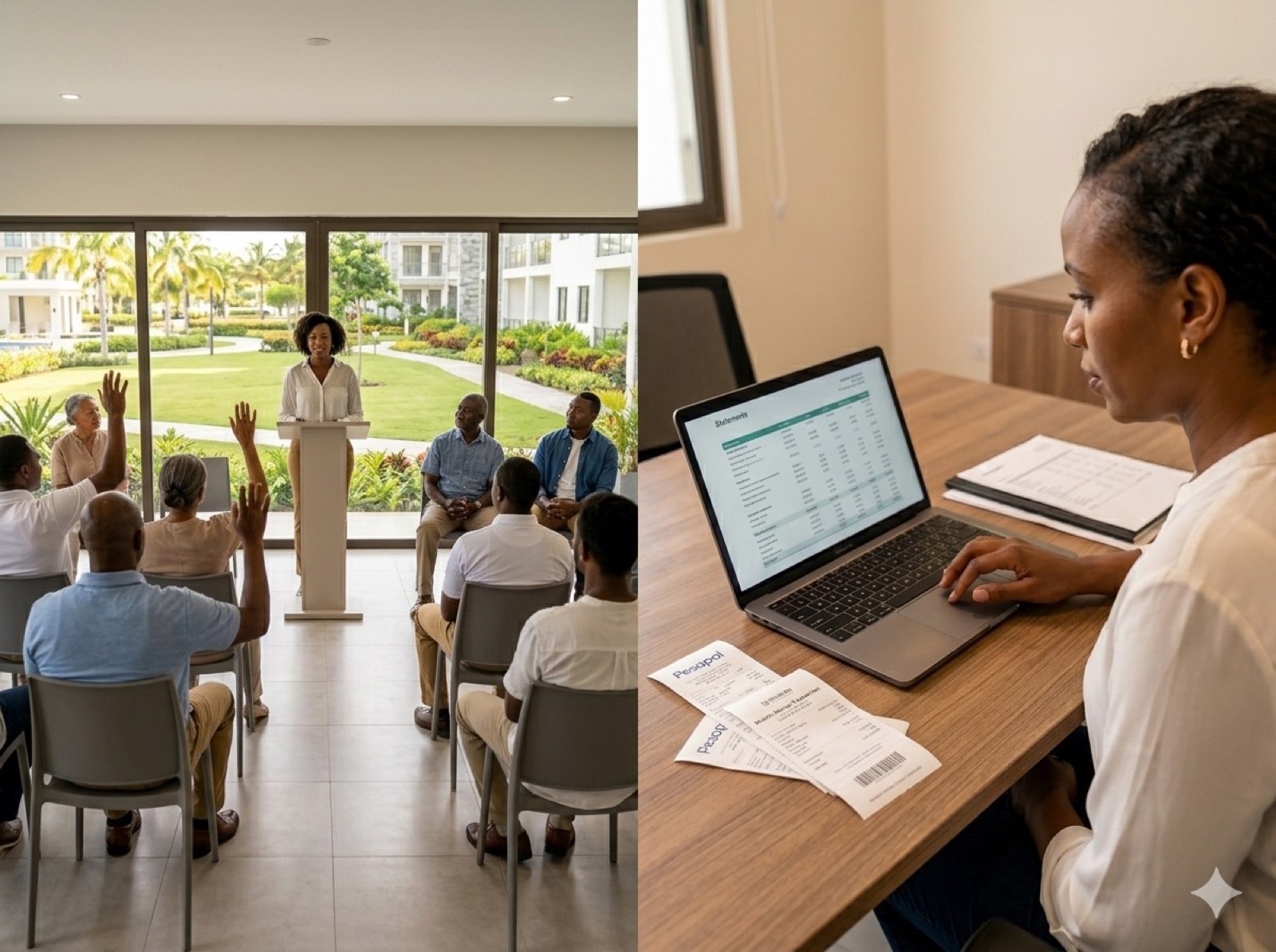 Finance officer reviewing community statements and receipts on a laptop