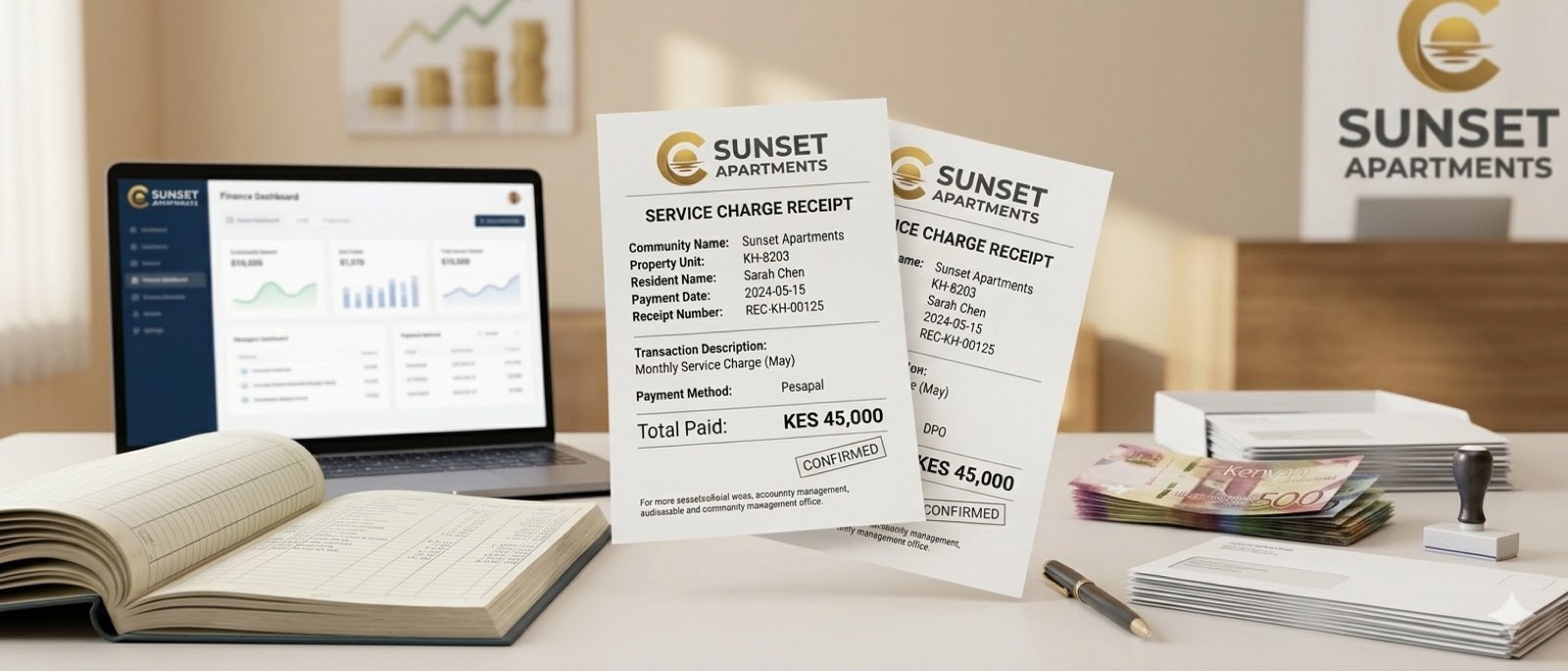 Service charge receipts and the finance dashboard showing collected dues